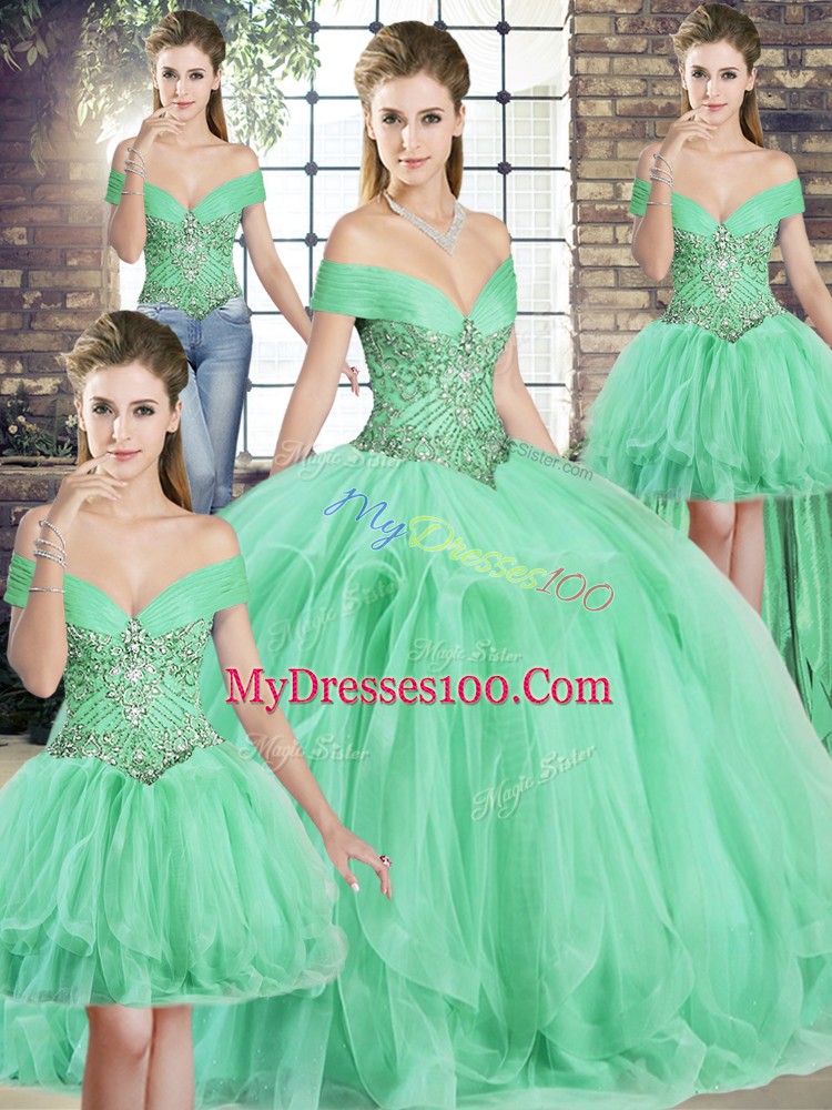Apple Green Tulle Lace Up Off The Shoulder Sleeveless Floor Length Quinceanera Gown Beading and Ruffles