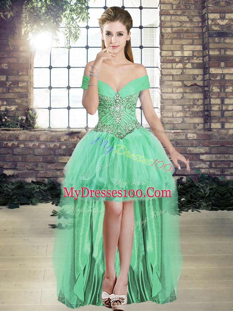 Apple Green Tulle Lace Up Off The Shoulder Sleeveless Floor Length Quinceanera Gown Beading and Ruffles