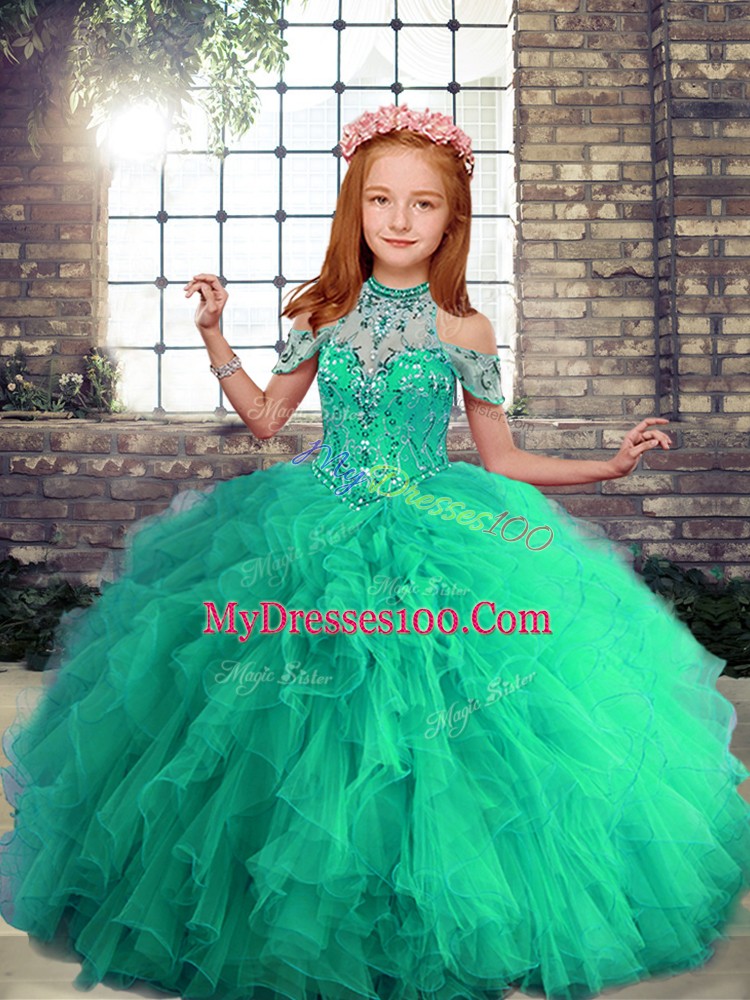 Custom Fit Beading and Ruffles Pageant Dresses Turquoise Lace Up Sleeveless Floor Length