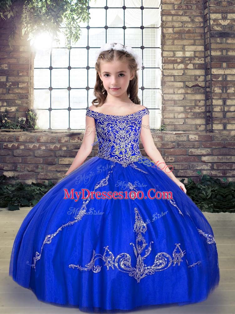 Royal Blue Girls Pageant Dresses Party and Military Ball and Wedding Party with Beading Off The Shoulder Sleeveless Lace Up