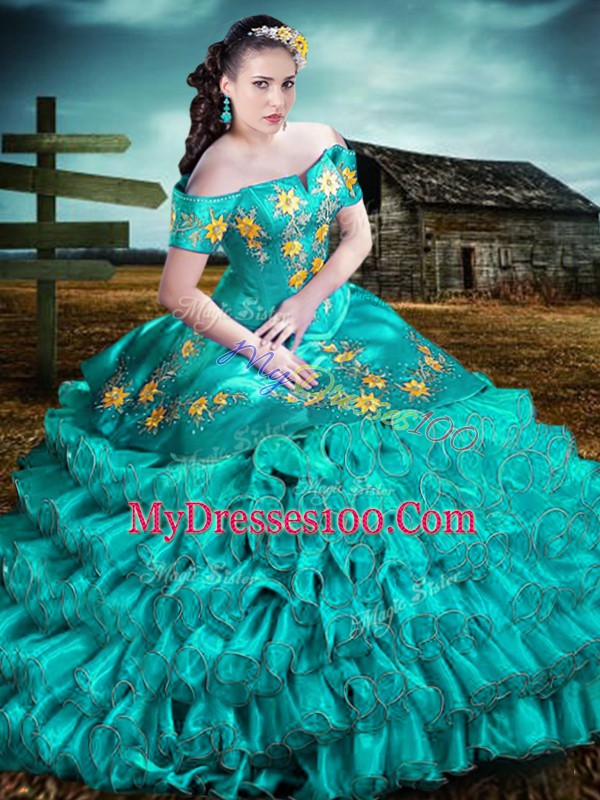 Enchanting Turquoise Organza Lace Up Quinceanera Gown Sleeveless Floor Length Embroidery and Ruffles