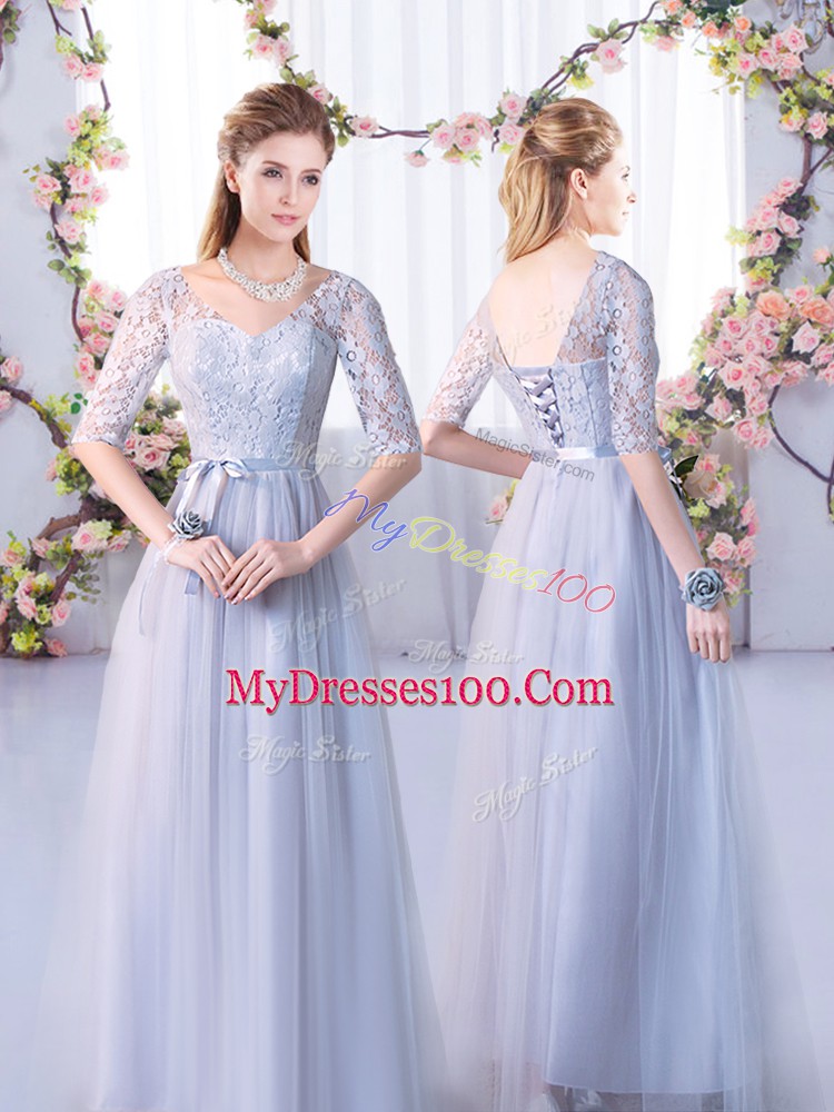 Grey Lace Up Bridesmaids Dress Lace Half Sleeves Floor Length