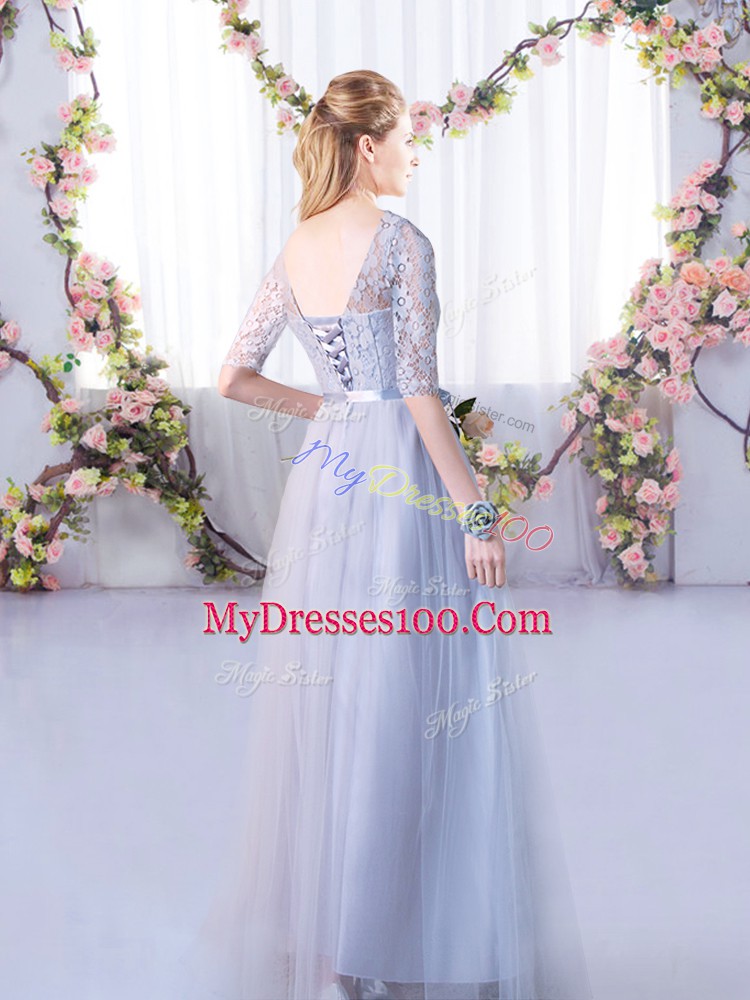 Grey Lace Up Bridesmaids Dress Lace Half Sleeves Floor Length