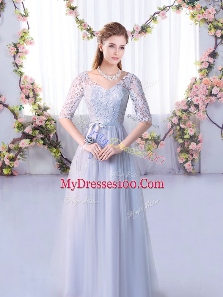 Grey Lace Up Bridesmaids Dress Lace Half Sleeves Floor Length
