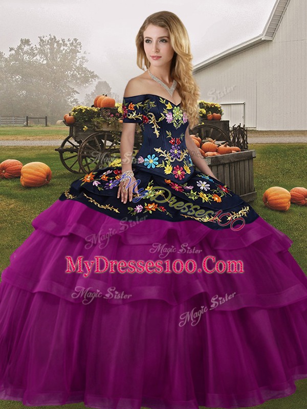 Tulle Sleeveless Ball Gown Prom Dress Brush Train and Embroidery and Ruffled Layers