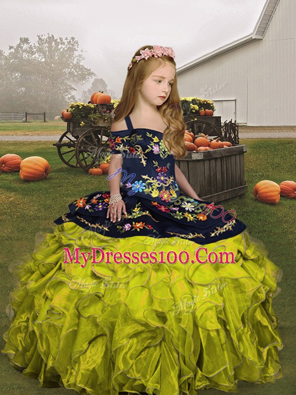 Green Ball Gowns Straps Sleeveless Organza Floor Length Lace Up Embroidery and Ruffles Little Girls Pageant Dress Wholesale