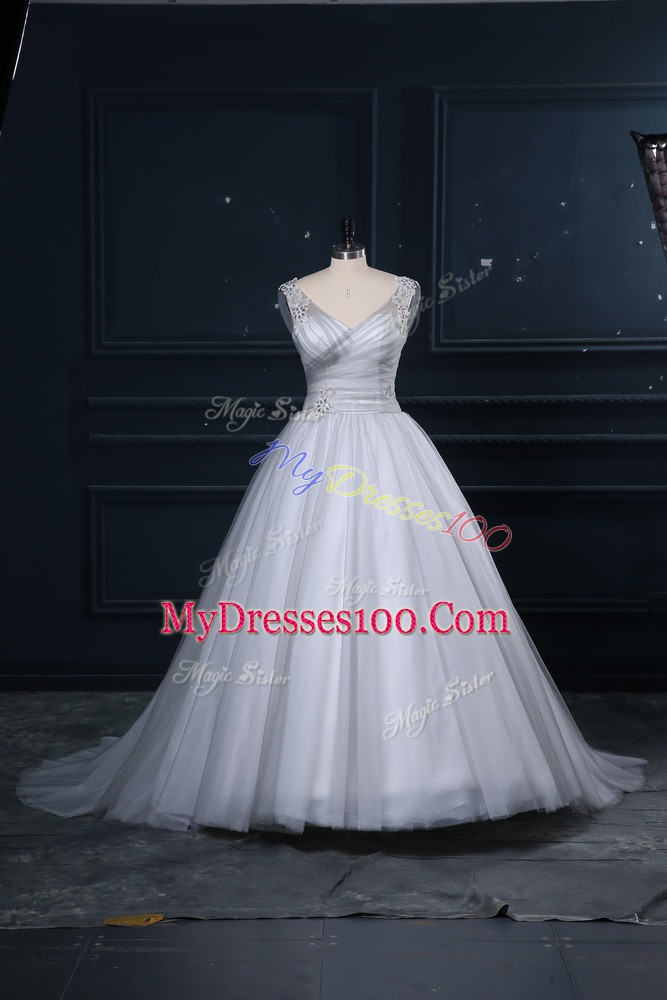 Glittering Grey V-neck Lace Up Appliques Bridal Gown Brush Train Sleeveless