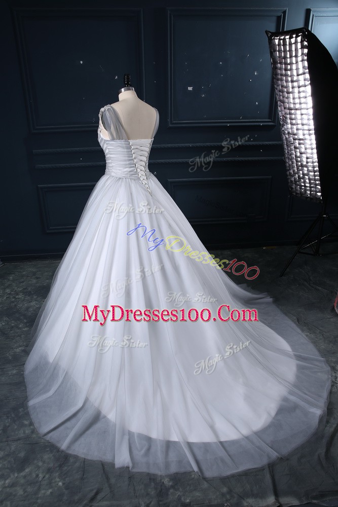 Glittering Grey V-neck Lace Up Appliques Bridal Gown Brush Train Sleeveless