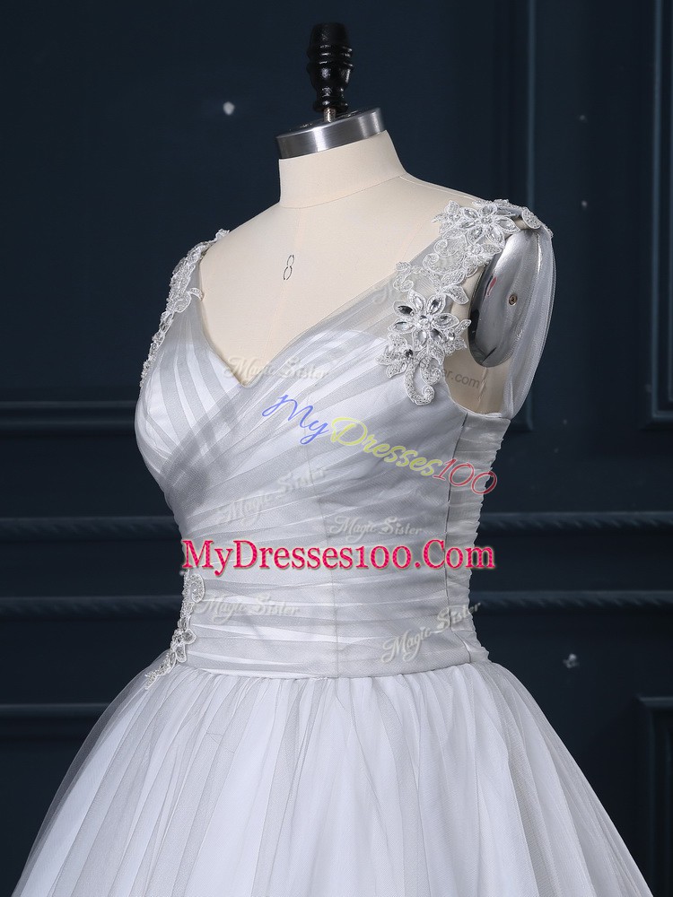 Glittering Grey V-neck Lace Up Appliques Bridal Gown Brush Train Sleeveless