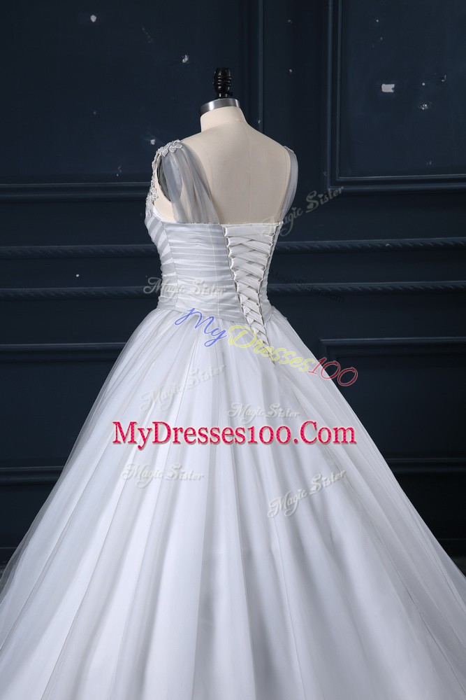 Glittering Grey V-neck Lace Up Appliques Bridal Gown Brush Train Sleeveless