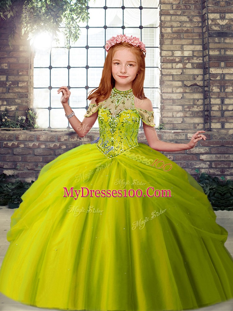 Floor Length Olive Green Pageant Dress for Teens Halter Top Sleeveless Lace Up