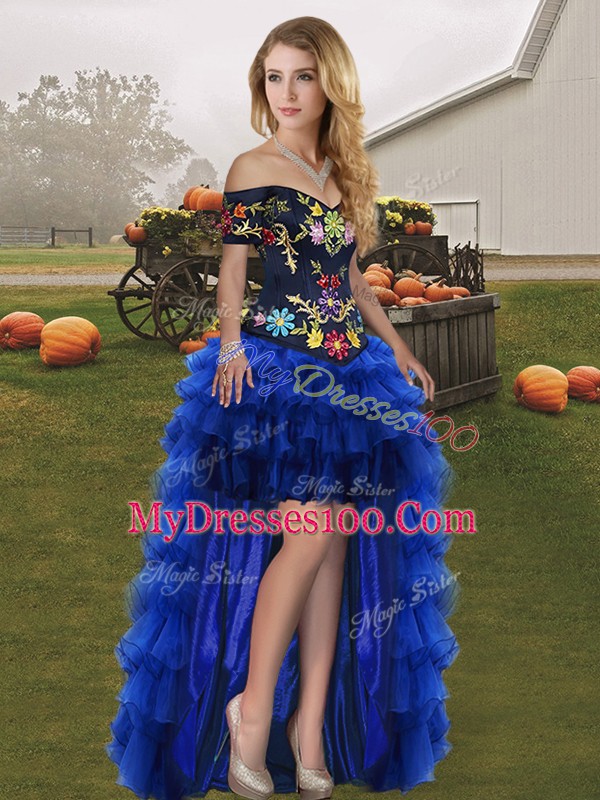 Wonderful Sleeveless Organza High Low Lace Up Cocktail Dress in Royal Blue with Embroidery and Ruffled Layers