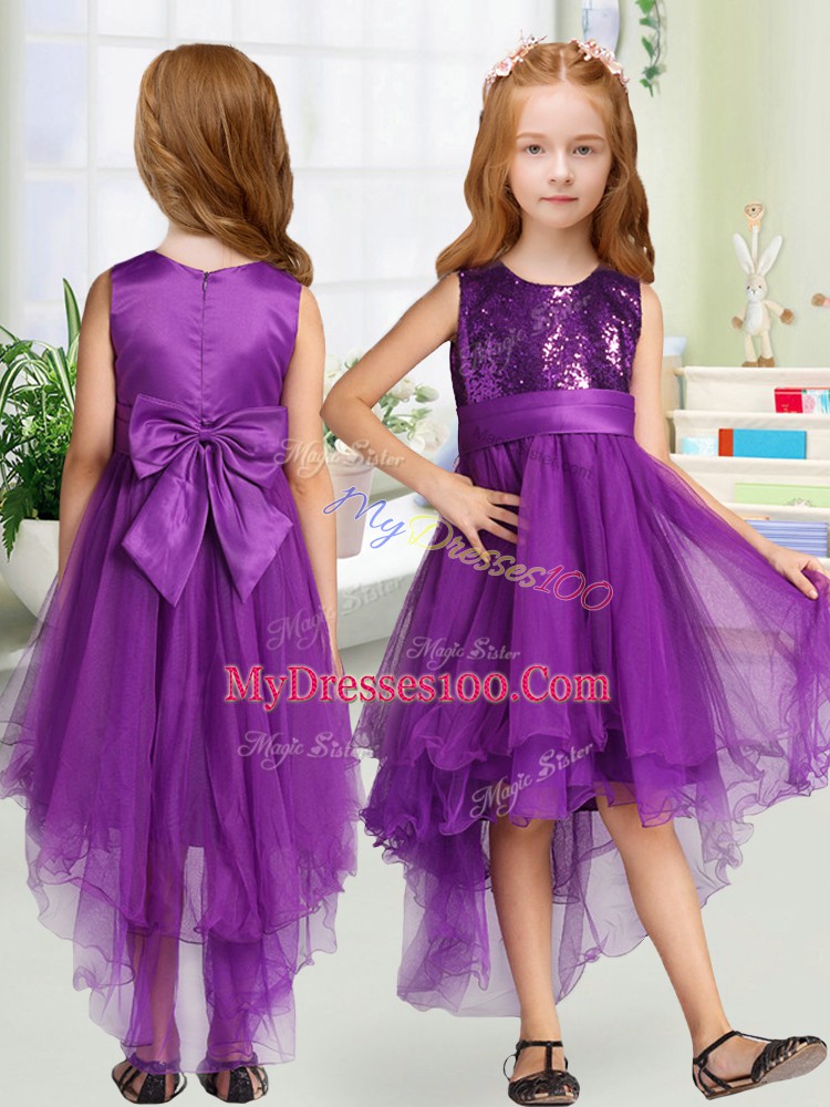 Elegant Scoop Sleeveless Zipper Flower Girl Dress Purple Organza