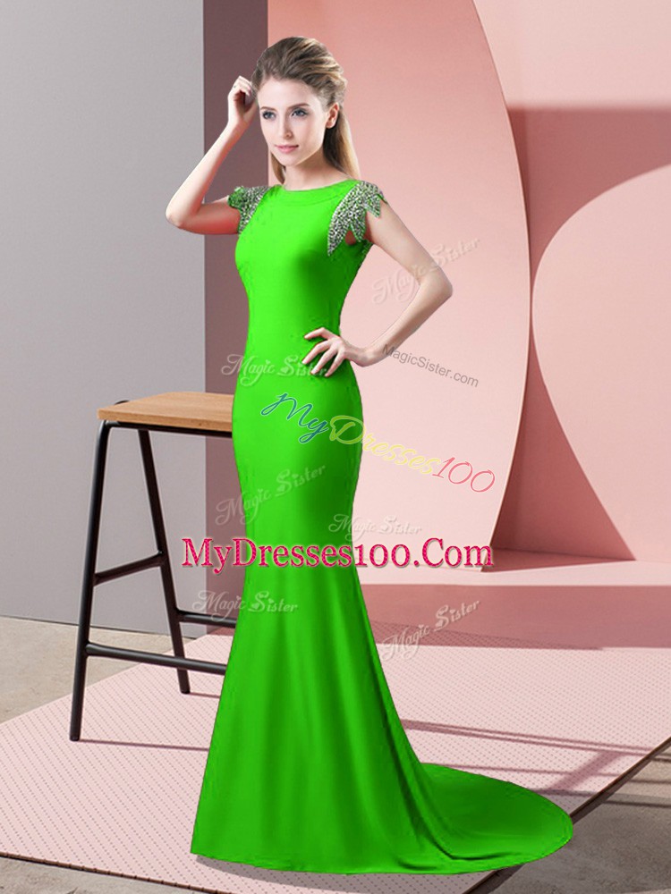 Low Price High-neck Short Sleeves Prom Gown Brush Train Beading Elastic Woven Satin