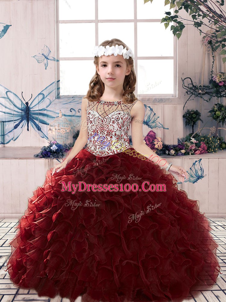 Burgundy Sleeveless Beading and Ruffles Floor Length Pageant Dress for Teens