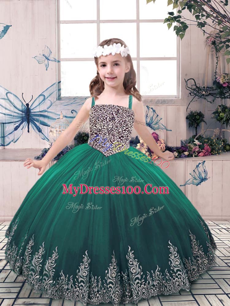 Tulle Straps Sleeveless Lace Up Beading and Embroidery Little Girls Pageant Dress Wholesale in Green