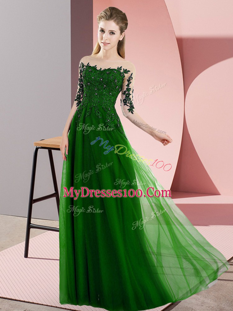 Fancy Beading and Lace Quinceanera Court of Honor Dress Green Lace Up Half Sleeves Floor Length