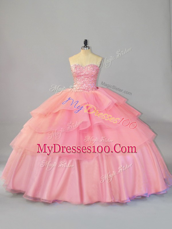 Enchanting Sleeveless Organza Brush Train Lace Up Sweet 16 Quinceanera Dress in Watermelon Red with Beading and Ruffles