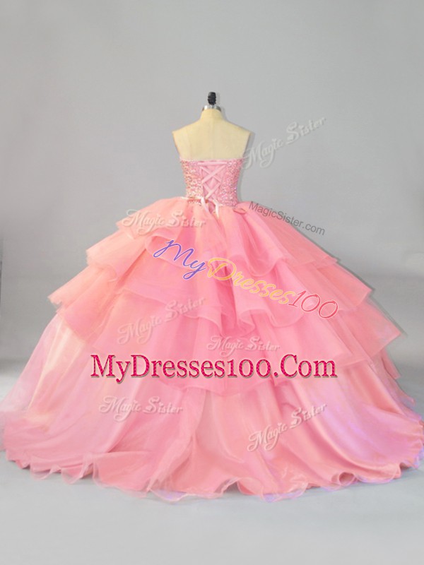 Enchanting Sleeveless Organza Brush Train Lace Up Sweet 16 Quinceanera Dress in Watermelon Red with Beading and Ruffles