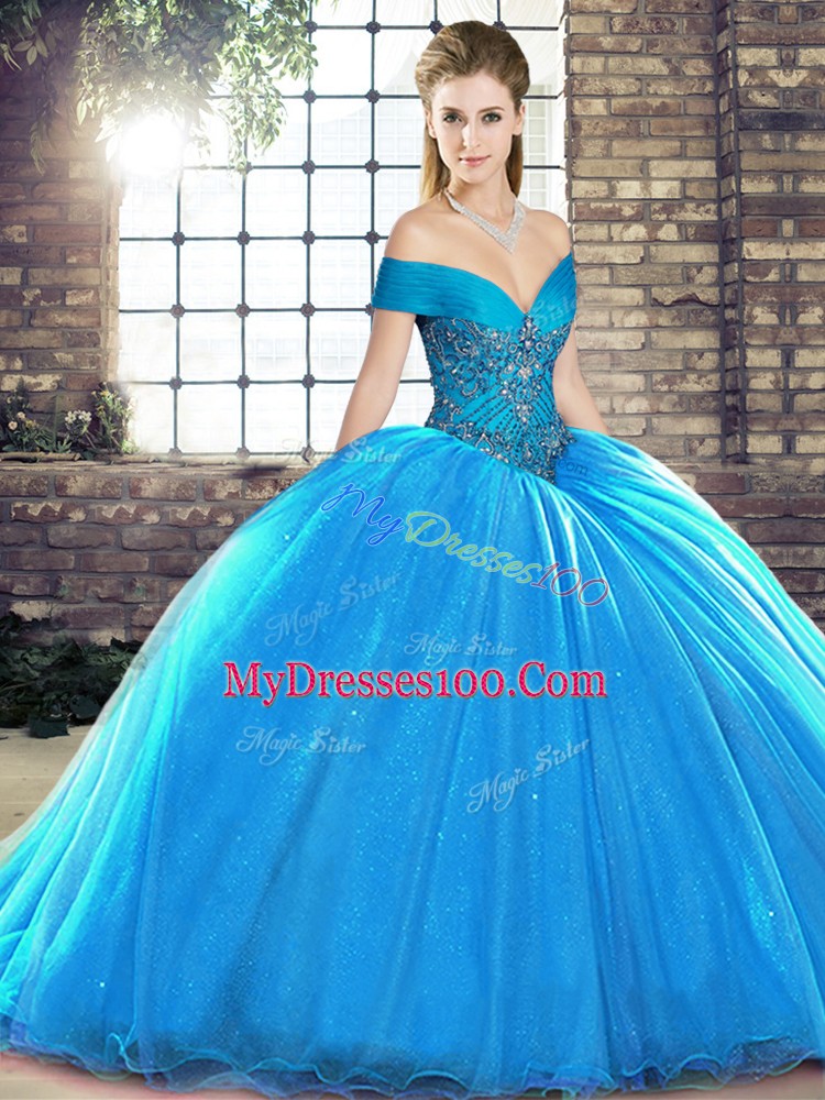 Ball Gowns Sleeveless Blue Sweet 16 Dresses Brush Train Lace Up