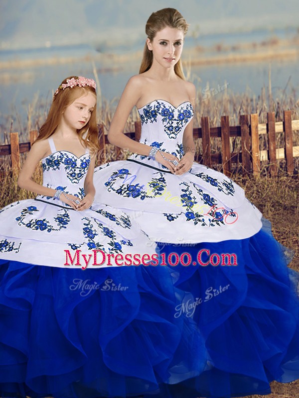 Floor Length Royal Blue Ball Gown Prom Dress Tulle Sleeveless Embroidery and Ruffles and Bowknot