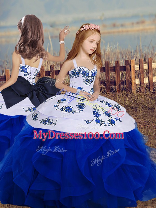 Floor Length Royal Blue Ball Gown Prom Dress Tulle Sleeveless Embroidery and Ruffles and Bowknot