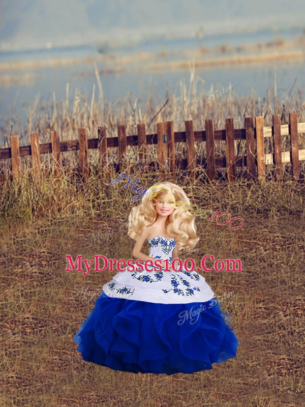 Floor Length Royal Blue Ball Gown Prom Dress Tulle Sleeveless Embroidery and Ruffles and Bowknot