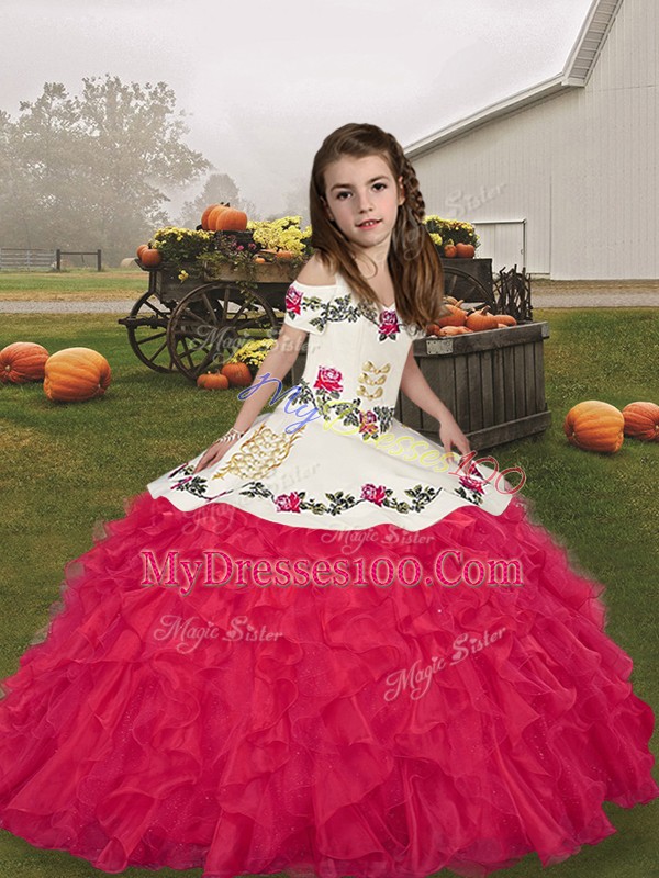 Low Price Straps Sleeveless Lace Up Winning Pageant Gowns Coral Red Organza