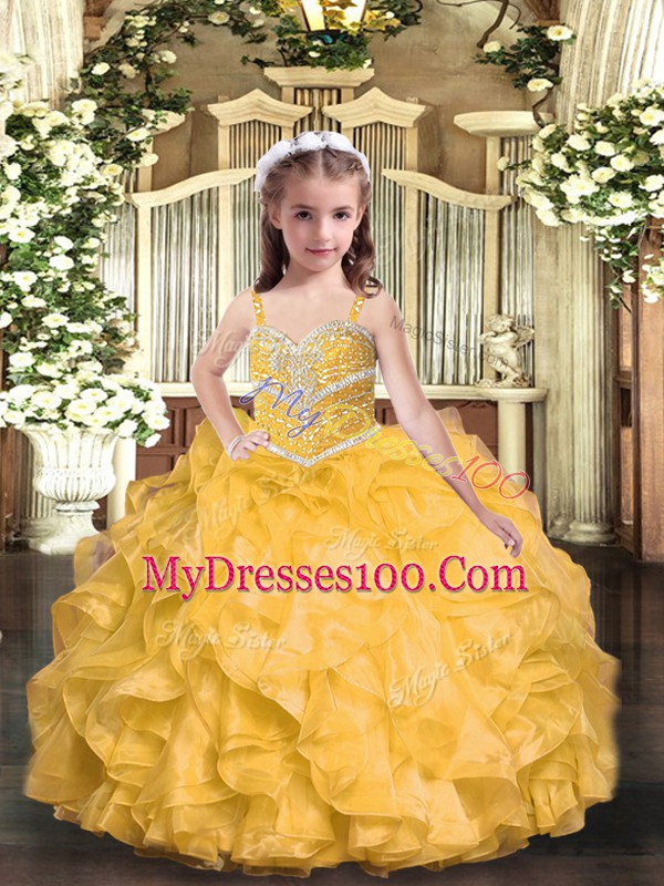 Hot Selling Gold Sleeveless Organza Lace Up Child Pageant Dress for Party and Sweet 16 and Wedding Party