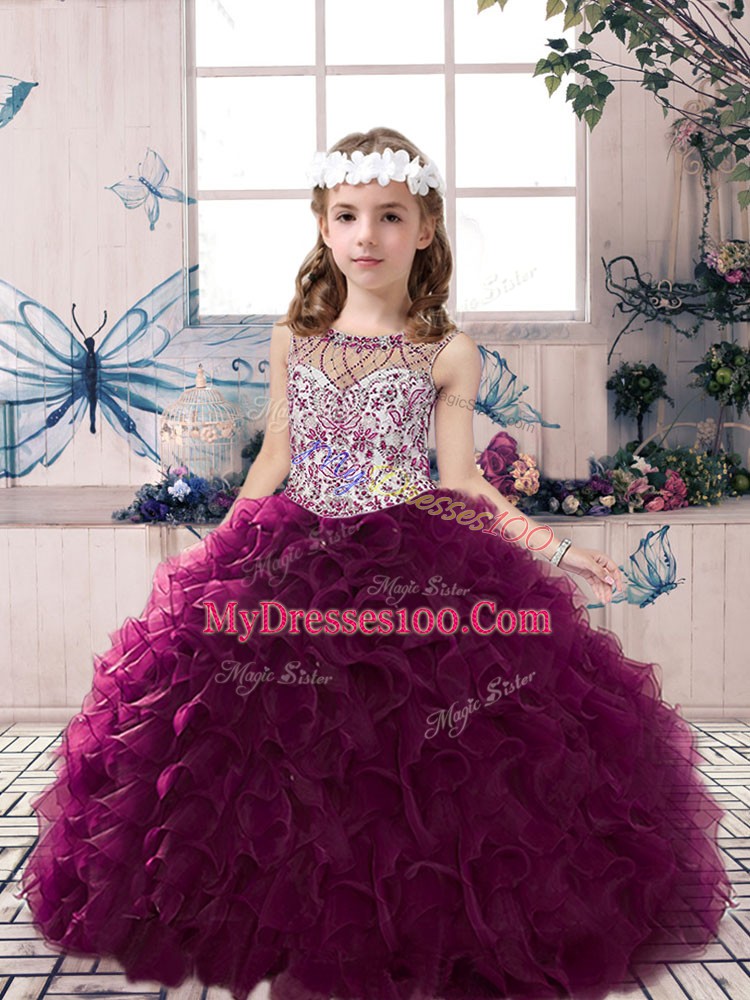 Elegant Sleeveless Lace Up Floor Length Beading and Ruffles Little Girls Pageant Dress Wholesale