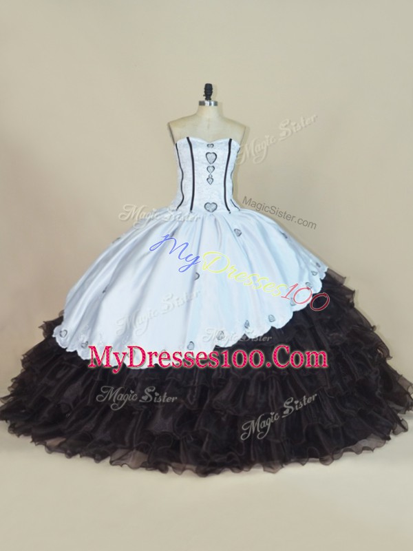 Artistic White And Black Sleeveless Satin and Organza Lace Up Quinceanera Gowns for Sweet 16 and Quinceanera