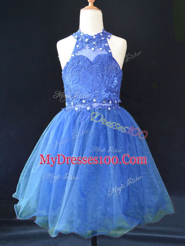 Blue Sleeveless Mini Length Beading and Lace Lace Up Kids Formal Wear