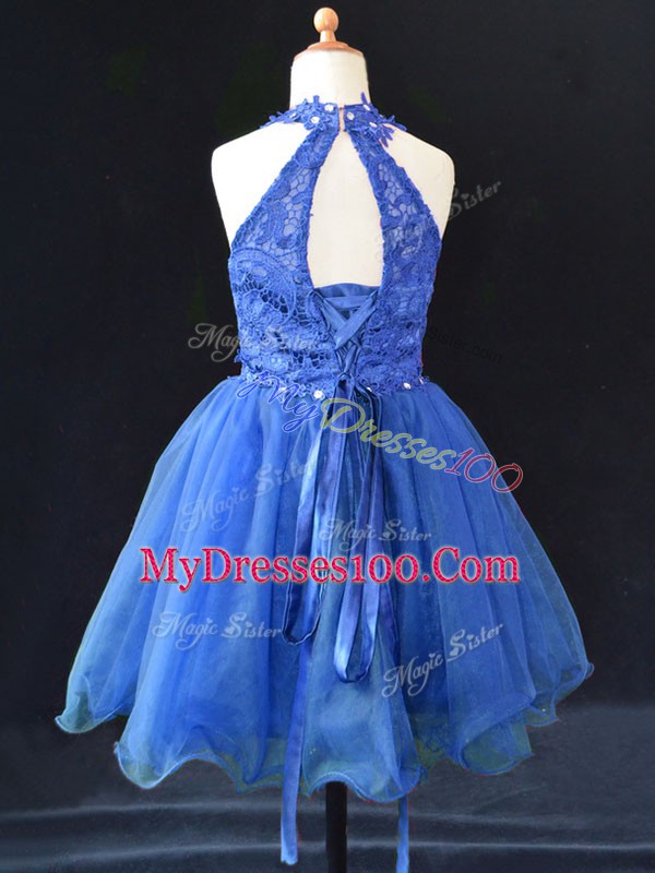 Blue Sleeveless Mini Length Beading and Lace Lace Up Kids Formal Wear
