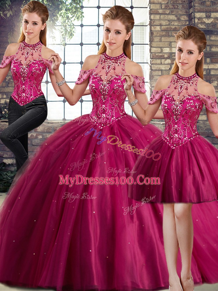 Sleeveless Tulle Brush Train Lace Up Quinceanera Dress in Fuchsia with Beading