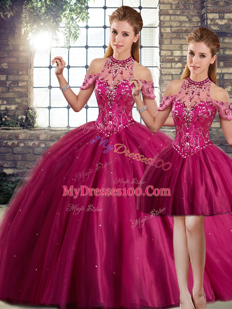 Sleeveless Tulle Brush Train Lace Up Quinceanera Dress in Fuchsia with Beading
