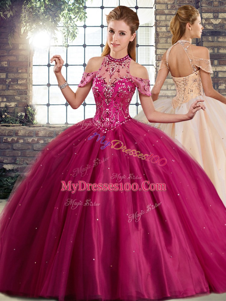Sleeveless Tulle Brush Train Lace Up Quinceanera Dress in Fuchsia with Beading