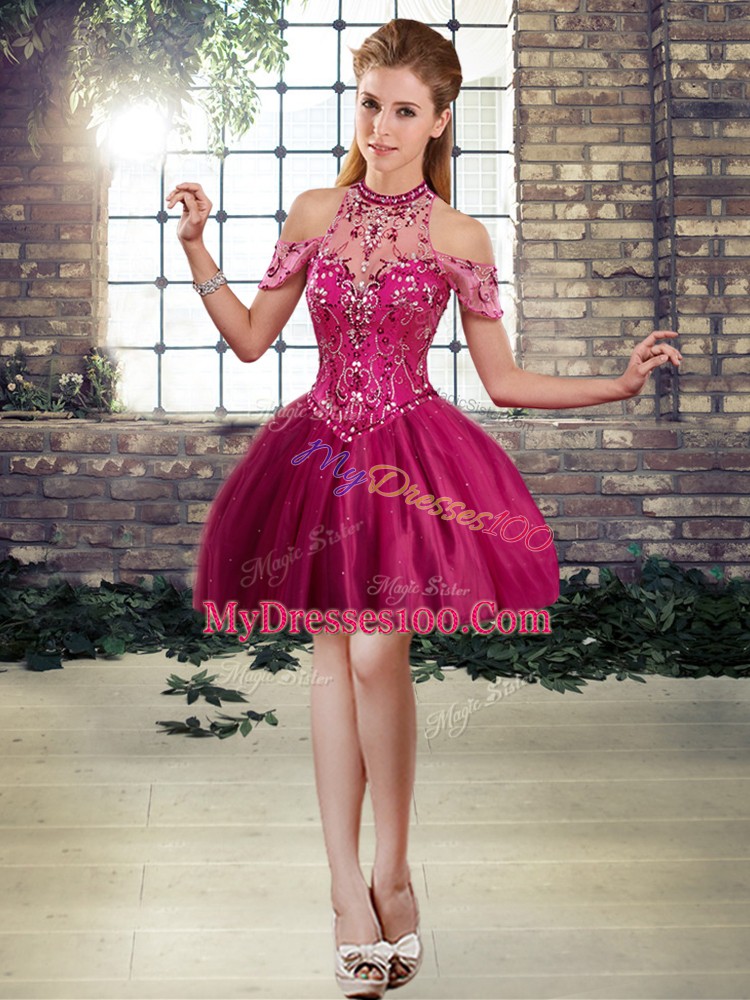 Sleeveless Tulle Brush Train Lace Up Quinceanera Dress in Fuchsia with Beading