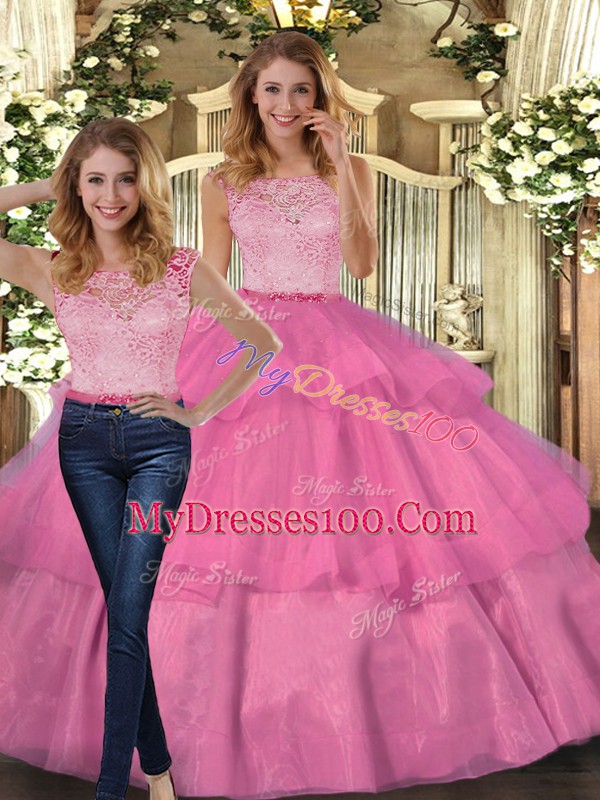 Fashionable Scoop Sleeveless Sweet 16 Quinceanera Dress Floor Length Lace and Ruffled Layers Hot Pink Tulle
