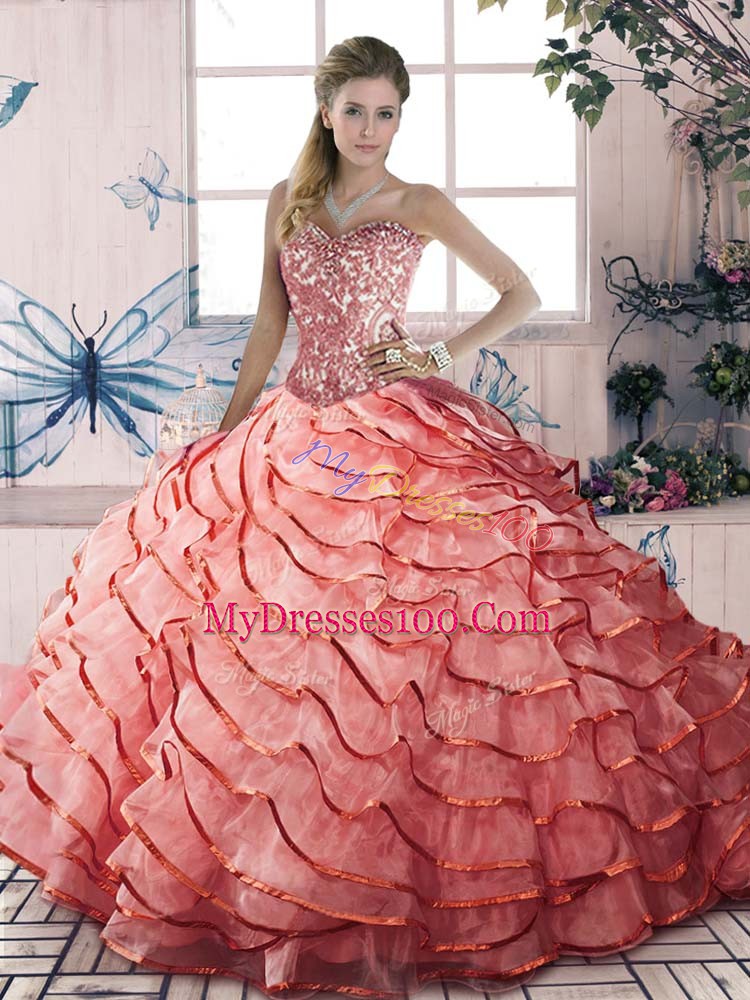 Watermelon Red Quinceanera Dresses Sweet 16 and Quinceanera with Beading and Ruffled Layers Sweetheart Sleeveless Brush Train Lace Up