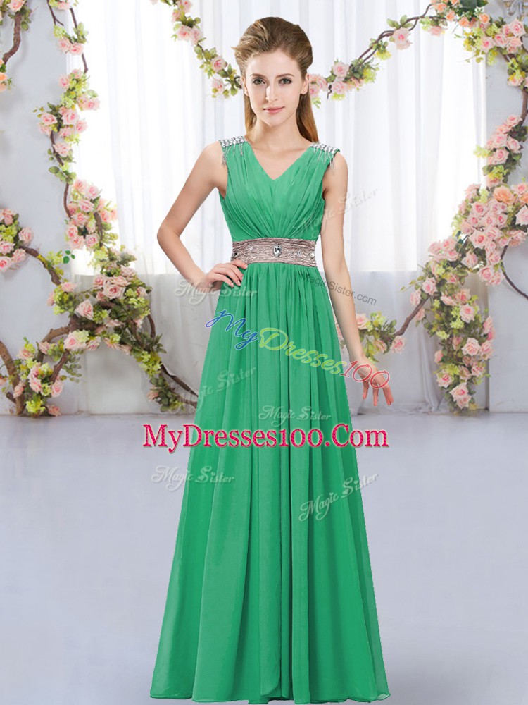 Sweet Turquoise Sleeveless Beading and Belt Floor Length Dama Dress for Quinceanera