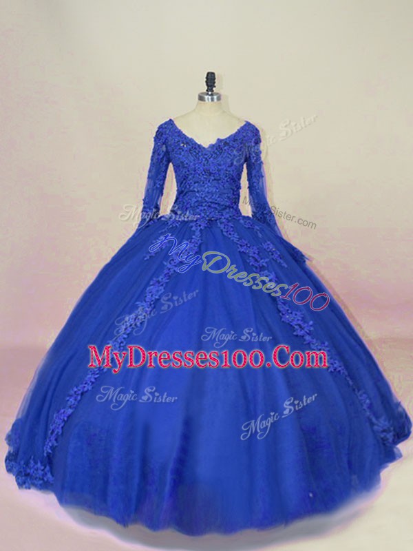 Royal Blue Lace Up V-neck Lace and Appliques Quinceanera Gowns Tulle Long Sleeves