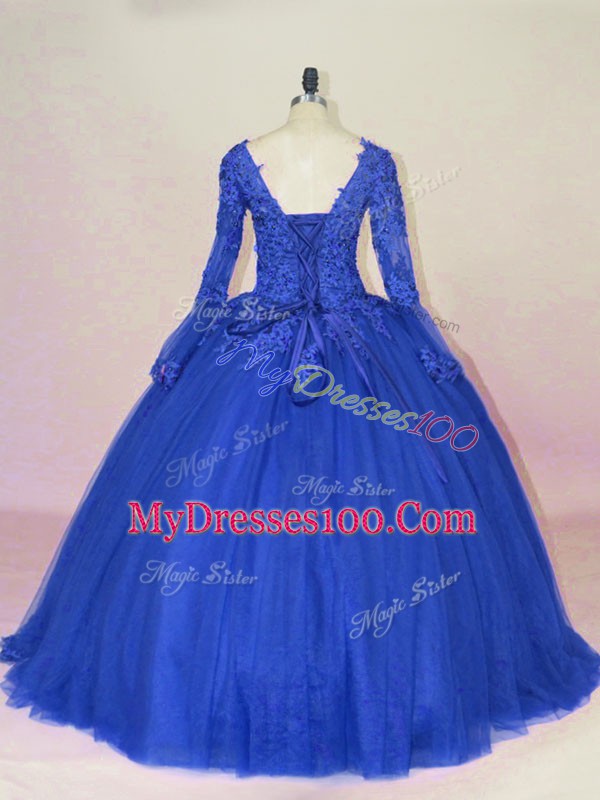Royal Blue Lace Up V-neck Lace and Appliques Quinceanera Gowns Tulle Long Sleeves