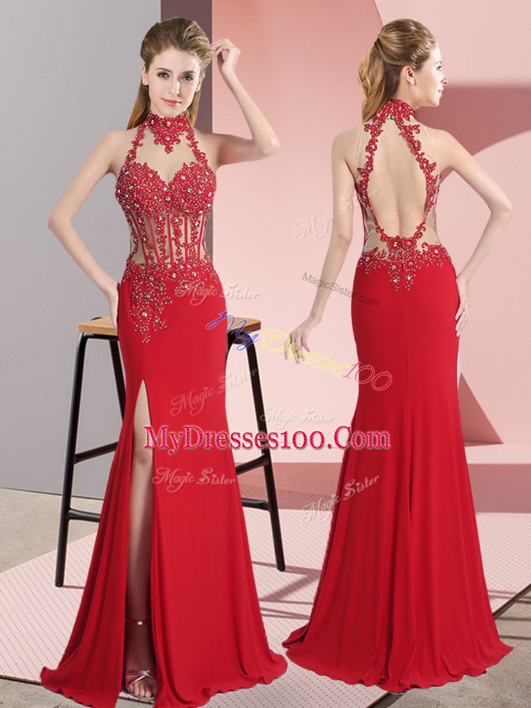 Red Lace and Appliques Backless Chiffon Sleeveless Floor Length