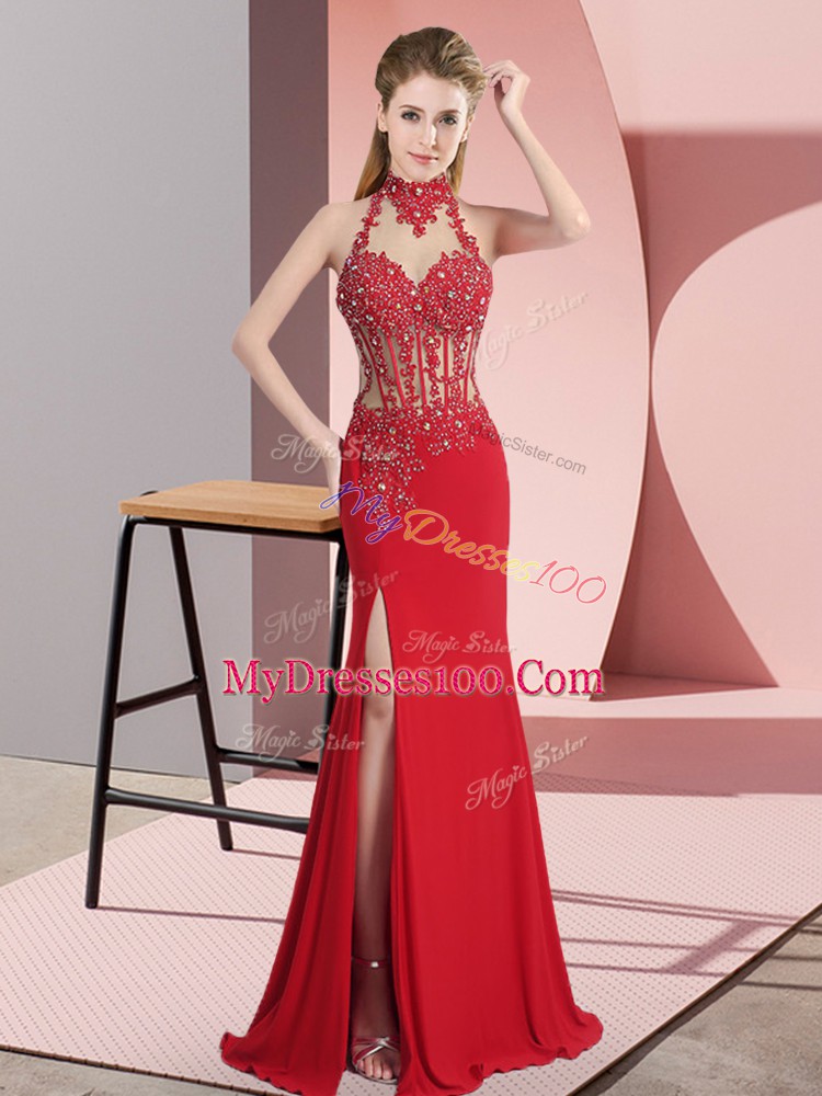 Red Lace and Appliques Backless Chiffon Sleeveless Floor Length