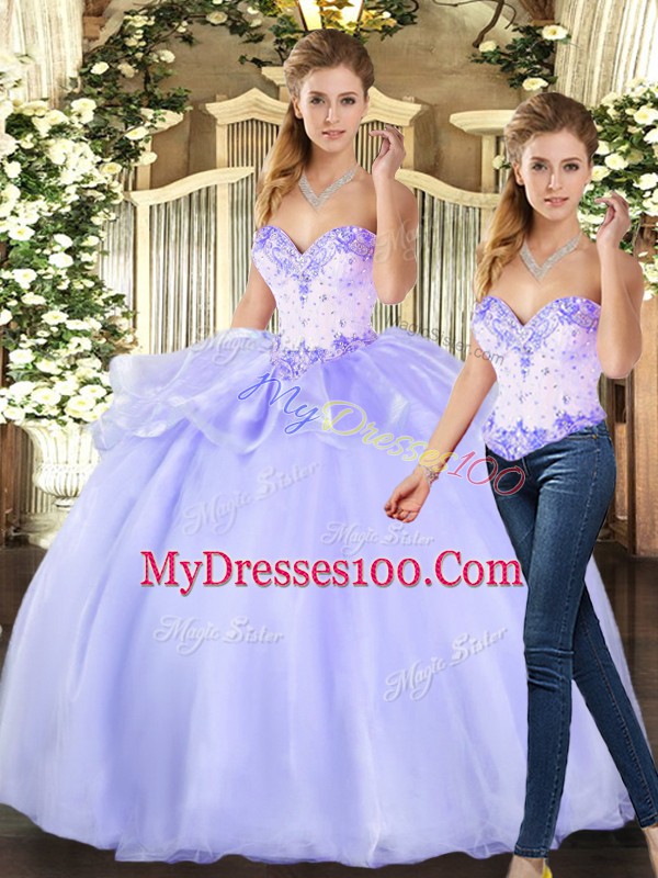 Floor Length Lavender Sweet 16 Dress Organza Sleeveless Beading
