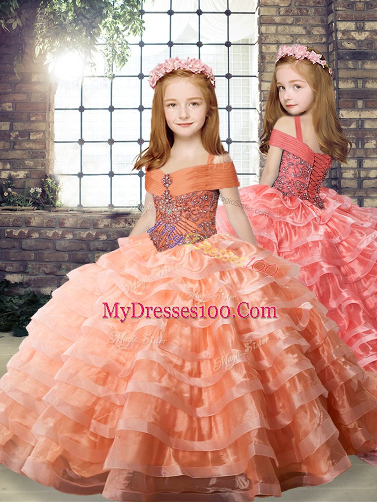 Orange Lace Up Little Girls Pageant Dress Beading and Ruffled Layers Long Sleeves Brush Train