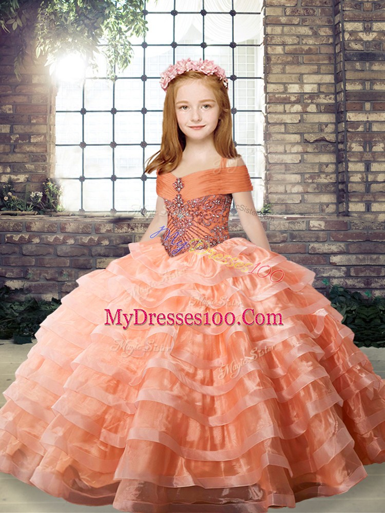 Orange Lace Up Little Girls Pageant Dress Beading and Ruffled Layers Long Sleeves Brush Train