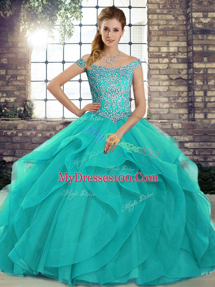 New Arrival Aqua Blue Sleeveless Beading and Ruffles Lace Up Sweet 16 Dress