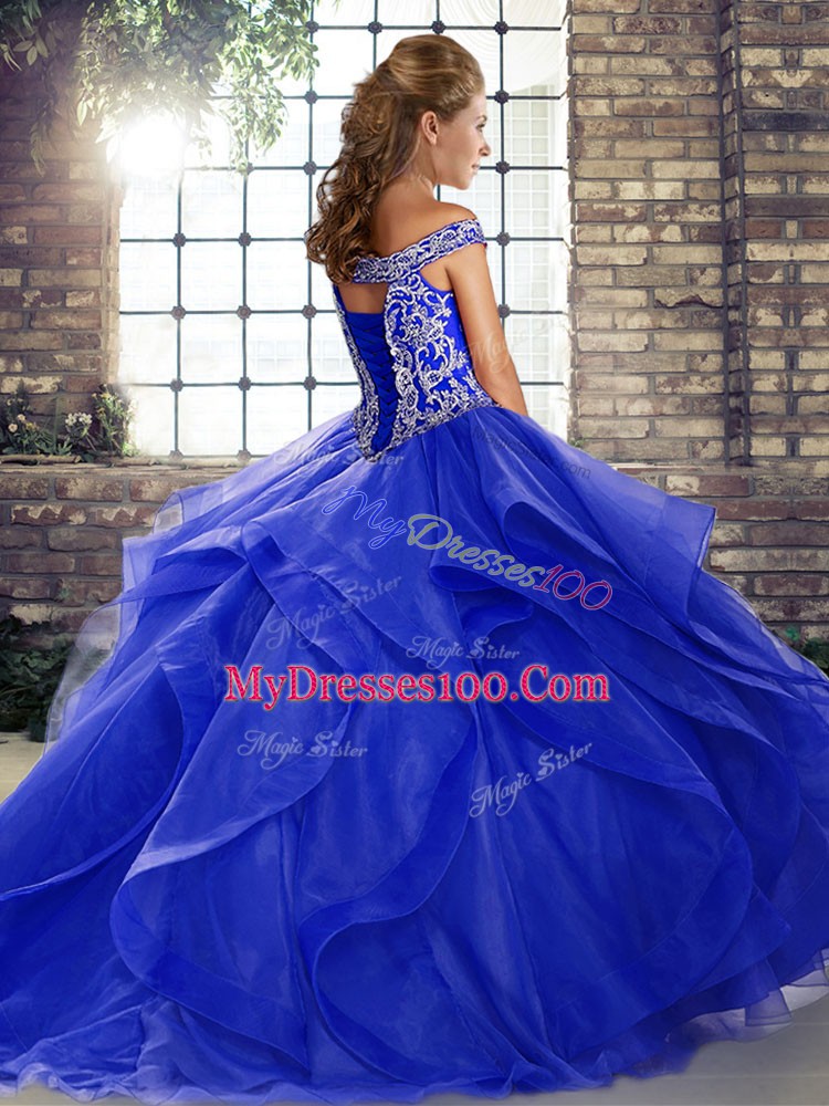 New Arrival Aqua Blue Sleeveless Beading and Ruffles Lace Up Sweet 16 Dress