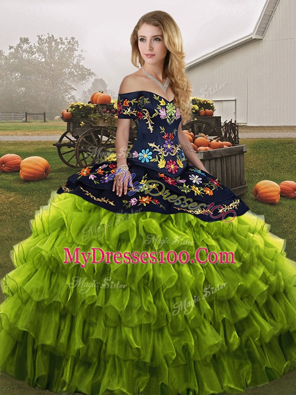 Olive Green Ball Gowns Organza Off The Shoulder Sleeveless Embroidery and Ruffled Layers Floor Length Lace Up Sweet 16 Quinceanera Dress